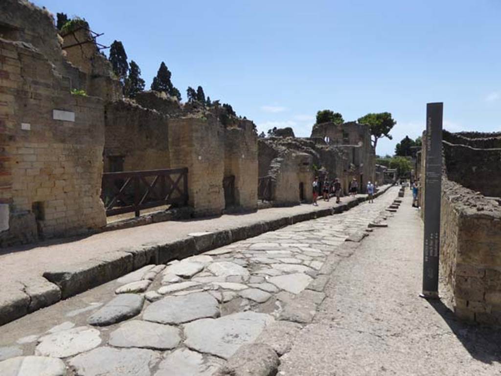 Cardo V. Superiore, Herculaneum, July 2015. Looking south-east along length of roadway, from outside Ins. Or. II.18, on left, and V.21, on right. Photo courtesy of Michael Binns.